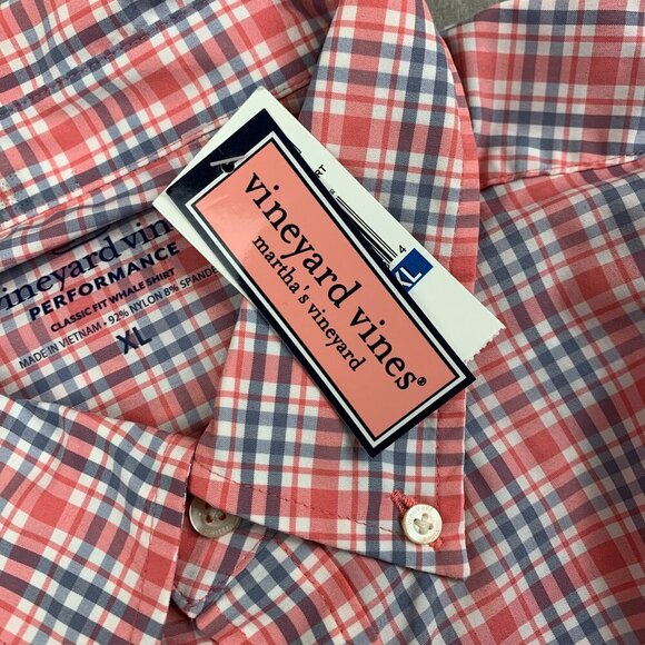Vineyard Vines Performance Mens Whale Shirt XL Pink Blue Plaid Button Up Classic - Picture 6 of 11